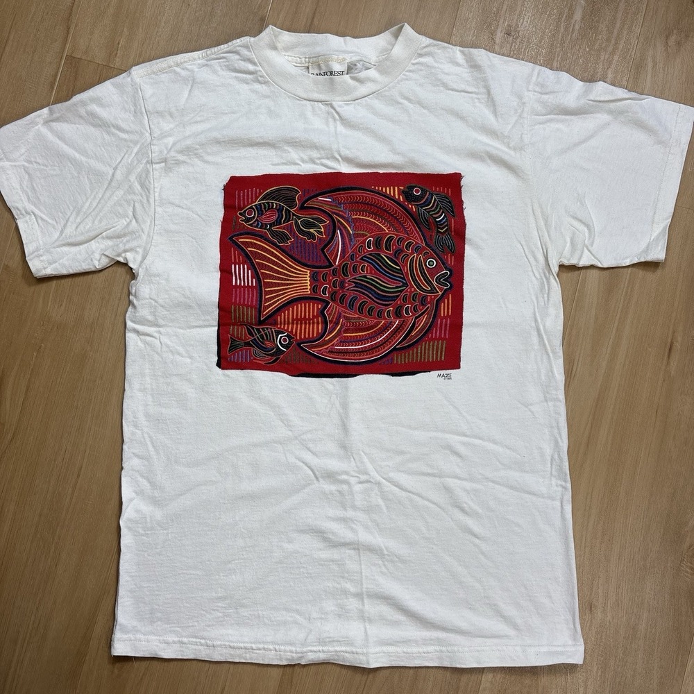 Vintage Rainforest Cafe Tshirt Mola Folk Art "MAZE" Mens Large Fish Graphic